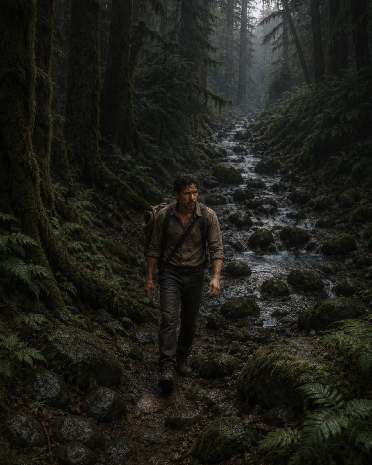 Walt walks upstream through the rain-dark creek bed beneath the old-growth canopy.