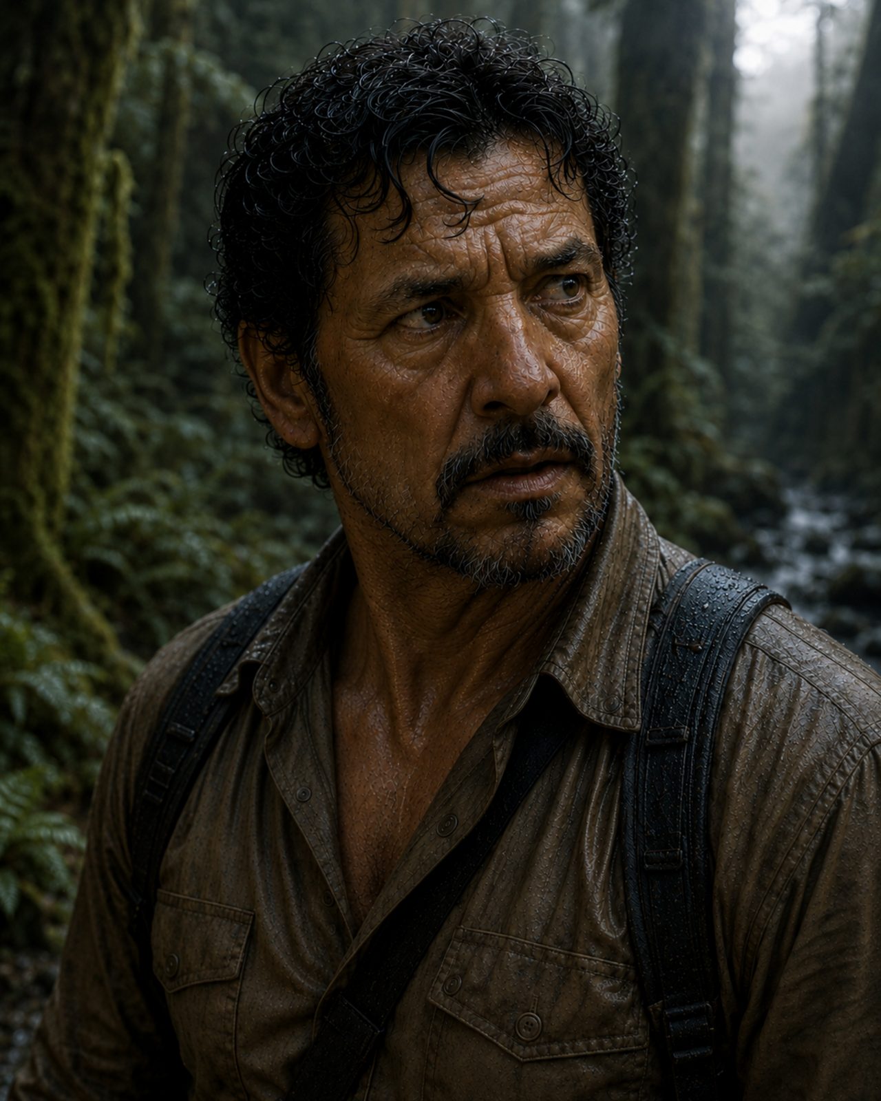 Walt looks upward in a rain-soaked close portrait, his face tense and searching.
