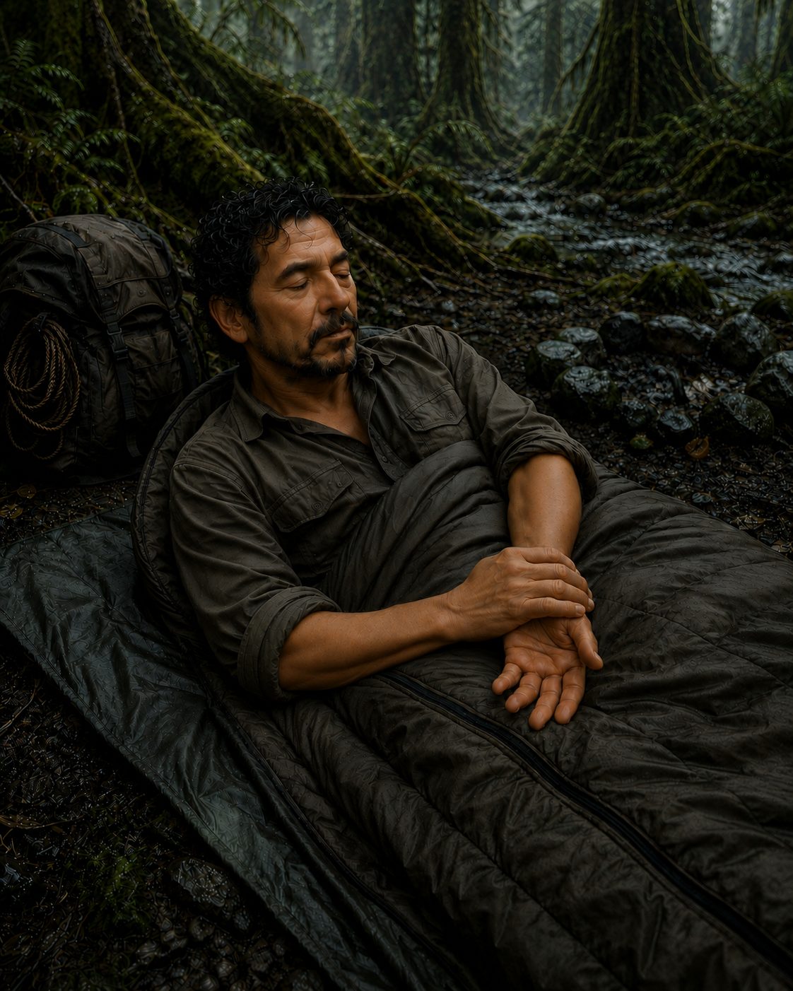 Walt rests awake in his sleeping bag at the creek-side camp, one hand gently holding the opposite wrist.