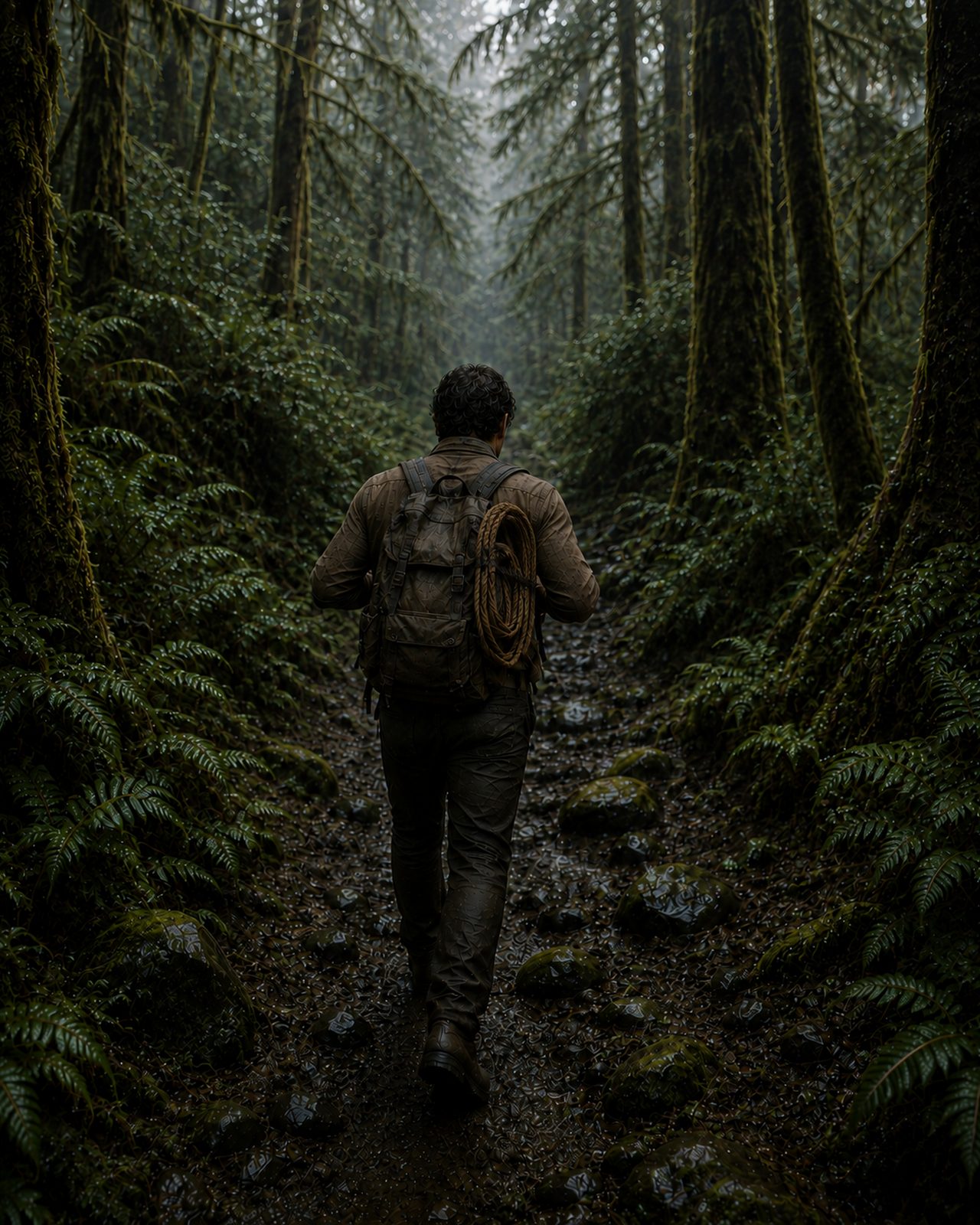 Walt continues walking away along the wet forest path with one corrected rope coil secured to the backpack.
